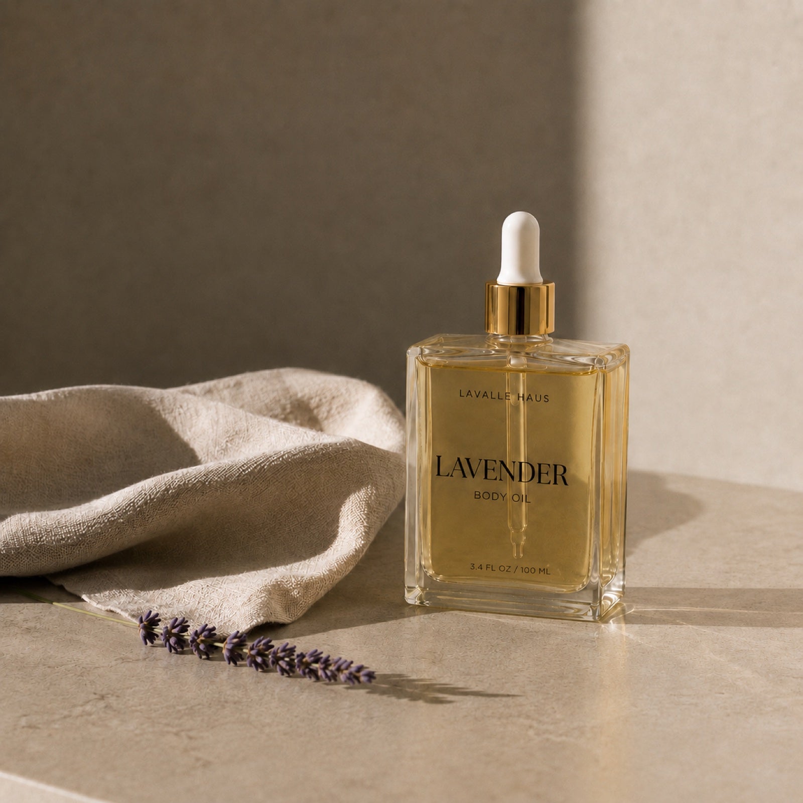 Lavender Body Oil with lavender sprig